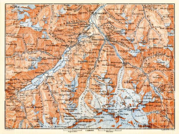 Pontresina and environs map, 1897. Use the zooming tool to explore in higher level of detail. Obtain as a quality print or high resolution image