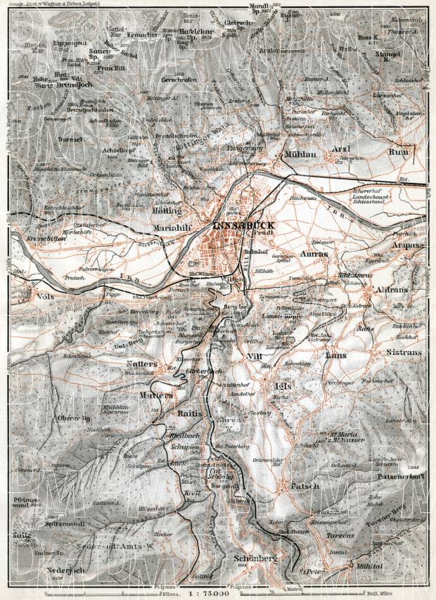 Innsbruck region map, 1910. Use the zooming tool to explore in higher level of detail. Obtain as a quality print or high resolution image