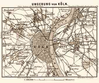 Cologne (Köln) and environs map, 1887
