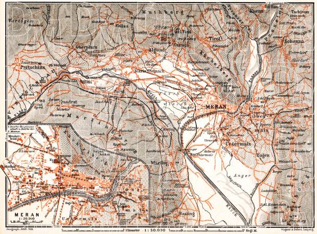 Meran (Merano) and environs map, 1911. Use the zooming tool to explore in higher level of detail. Obtain as a quality print or high resolution image