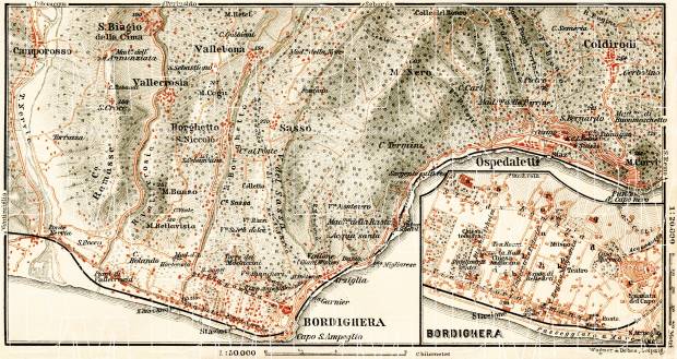 Bordighera town plan. Bordighera environs map, 1908. Use the zooming tool to explore in higher level of detail. Obtain as a quality print or high resolution image