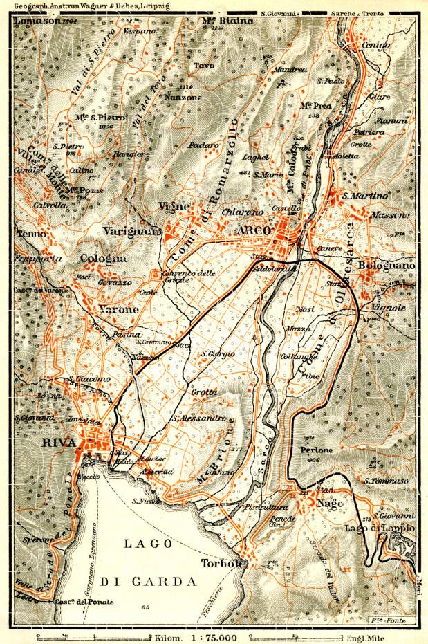 Arco, Riva and their environs map, 1908. Use the zooming tool to explore in higher level of detail. Obtain as a quality print or high resolution image