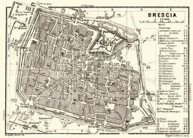 Brescia city map, 1898. Use the zooming tool to explore in higher level of detail. Obtain as a quality print or high resolution image