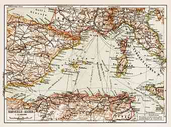 Tunisia on the map of mediterranean marine routes between Marseille and Algiers, 1913