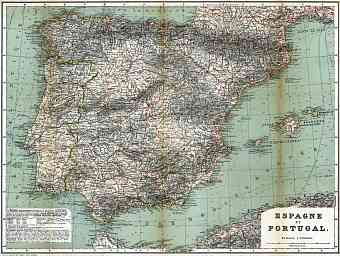 Spain on the general map of the Iberian Peninsula (Spain and Portugal), 1899