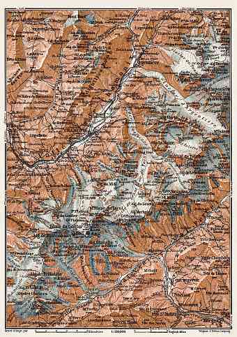 Mont Blanc and Chamonix Valley map, 1909