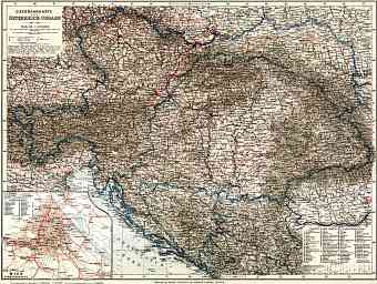 Austria on the railway map of Austria-Hungary and surrounding states. Inset map: rail transportation of Vienna, 1913