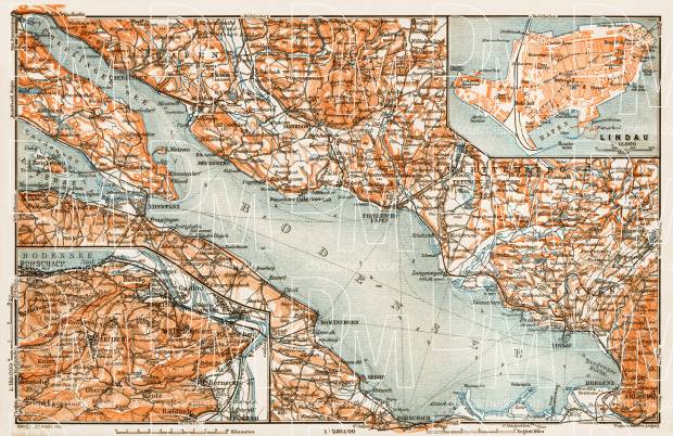Map of the Thurgau, St. Gallen and Schaffhausen cantons' environs of the Lake Constance (Bodensee) with Lindau town plan, 1909. Use the zooming tool to explore in higher level of detail. Obtain as a quality print or high resolution image