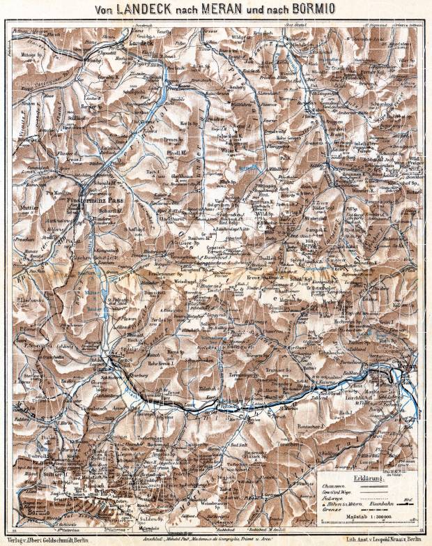 Italy on the map of East Alps between Landeck and Meran (Merano) - Bormio, 1911. Use the zooming tool to explore in higher level of detail. Obtain as a quality print or high resolution image
