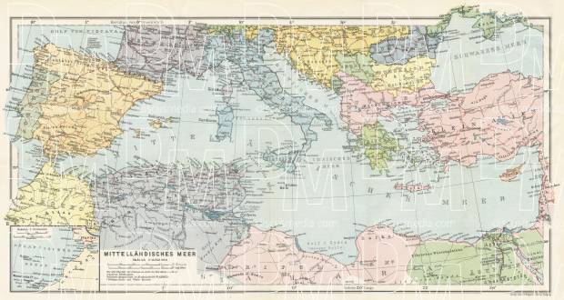 South Europe on the general map of the Mediterranean region, 1909. Use the zooming tool to explore in higher level of detail. Obtain as a quality print or high resolution image