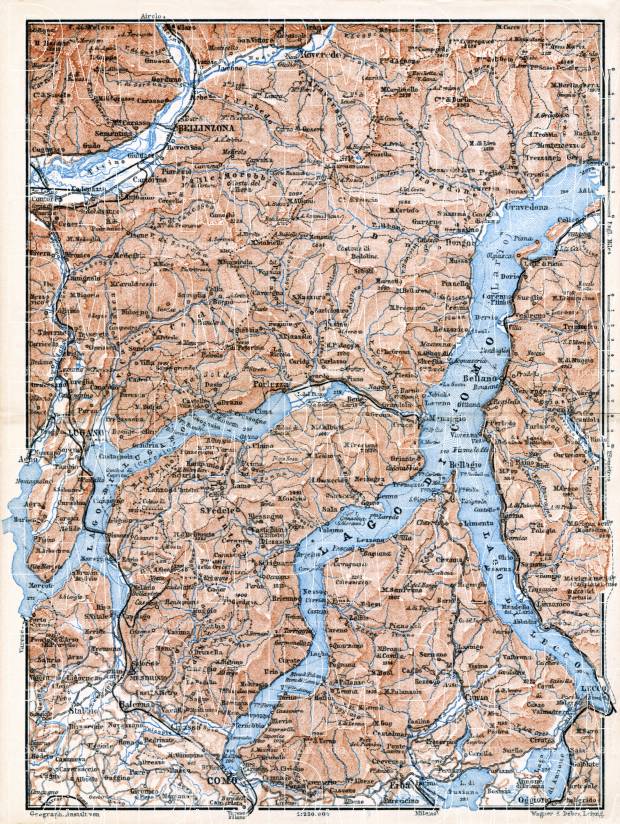 Northwest Italy on the map of Como and Lugano Lake environs, 1897. Use the zooming tool to explore in higher level of detail. Obtain as a quality print or high resolution image
