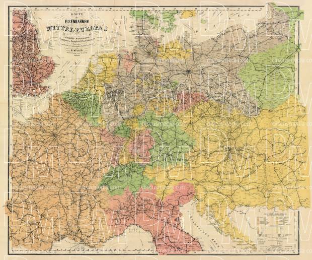 Croatia on the railway map of the central Europe, 1884. Use the zooming tool to explore in higher level of detail. Obtain as a quality print or high resolution image