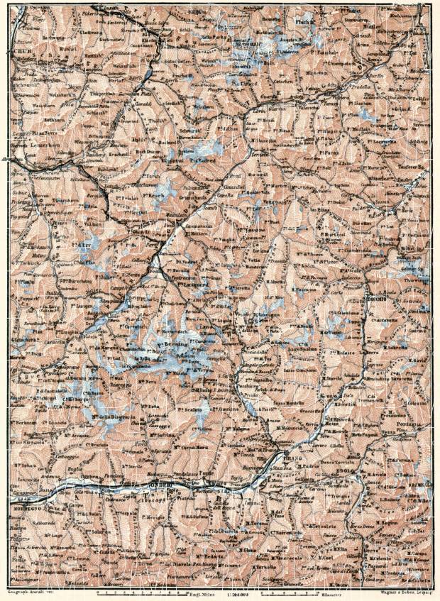 North Lombardy in Italy on the map of Engadin Valley and Valtellina, 1909. Use the zooming tool to explore in higher level of detail. Obtain as a quality print or high resolution image