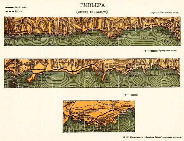 Western Italian sea coast on the map of French Riviera and Riviera di Ponente, 1900. Use the zooming tool to explore in higher level of detail. Obtain as a quality print or high resolution image