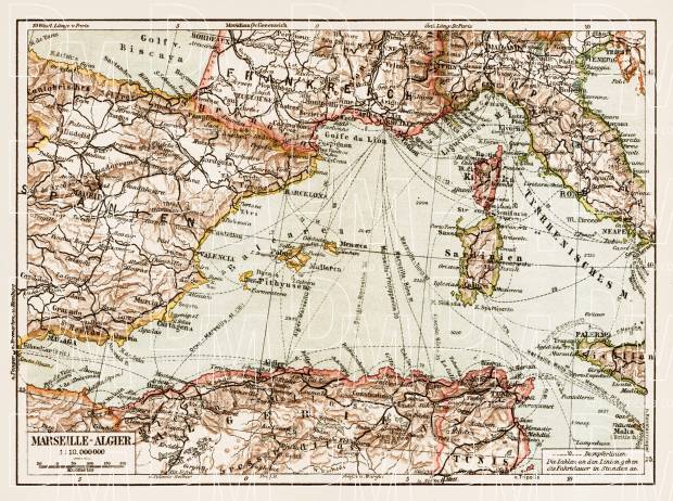 Italy on the map of mediterranean marine routes between Marseille and Algiers, 1913. Use the zooming tool to explore in higher level of detail. Obtain as a quality print or high resolution image