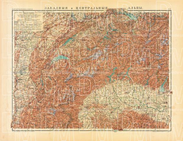 Southeast France on the map of the western Alpine countries (in Russian), 1910. Use the zooming tool to explore in higher level of detail. Obtain as a quality print or high resolution image