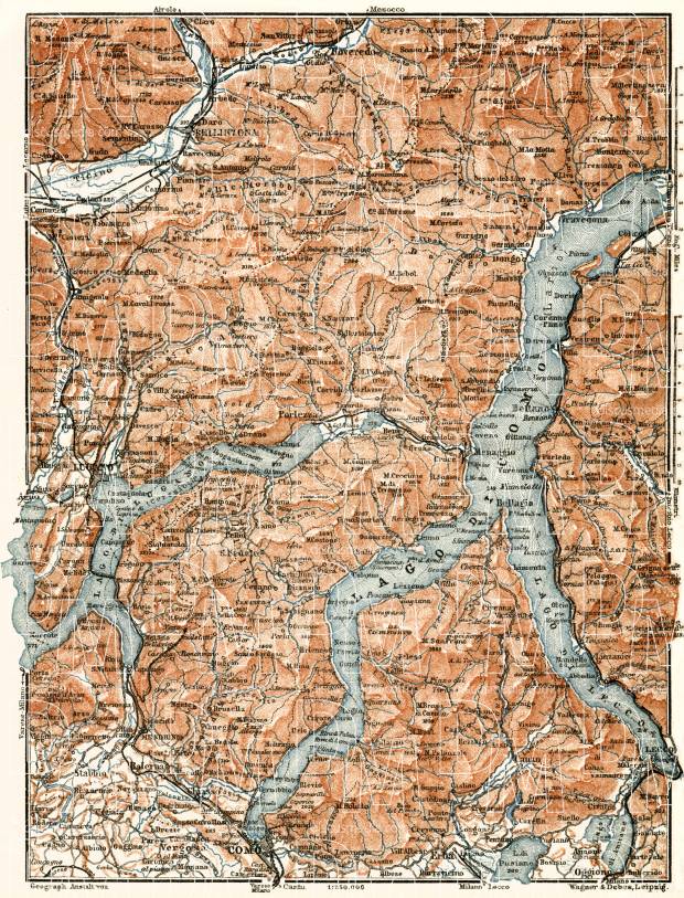 Northwest Italy on the map of Como and Lugano Lake environs, 1913. Use the zooming tool to explore in higher level of detail. Obtain as a quality print or high resolution image