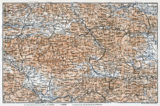 Southwest Austria on the map of the Karavanks (Karawanken) and Pohorje (Bacher) Mountains district, 1910. Use the zooming tool to explore in higher level of detail. Obtain as a quality print or high resolution image