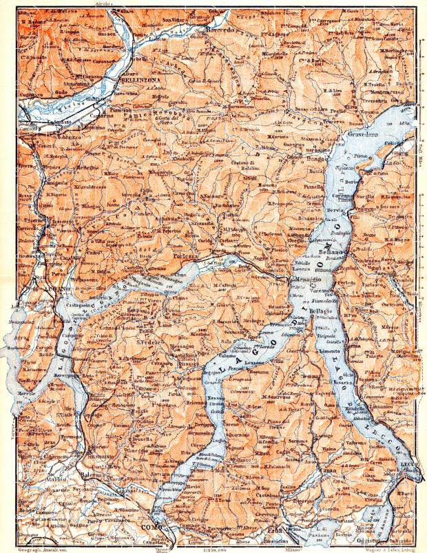 Northwest Italy on the map of Como and Lugano Lakes environs, 1898. Use the zooming tool to explore in higher level of detail. Obtain as a quality print or high resolution image