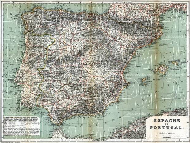 Gibraltar on the general map of the Iberian Peninsula (Spain and Portugal), 1899. Use the zooming tool to explore in higher level of detail. Obtain as a quality print or high resolution image