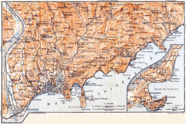 Monaco on the map of Nice, Menton and environs with Beaulieu-sur-Mer, 1913. Use the zooming tool to explore in higher level of detail. Obtain as a quality print or high resolution image