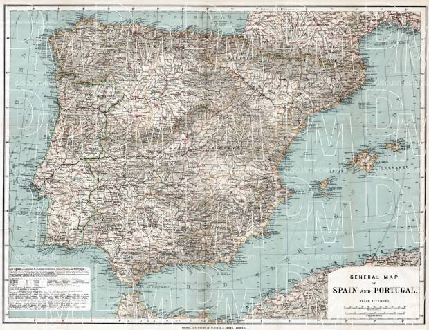 Spain on the general map of the Iberian Peninsula (Spain and Portugal), 1913. Use the zooming tool to explore in higher level of detail. Obtain as a quality print or high resolution image