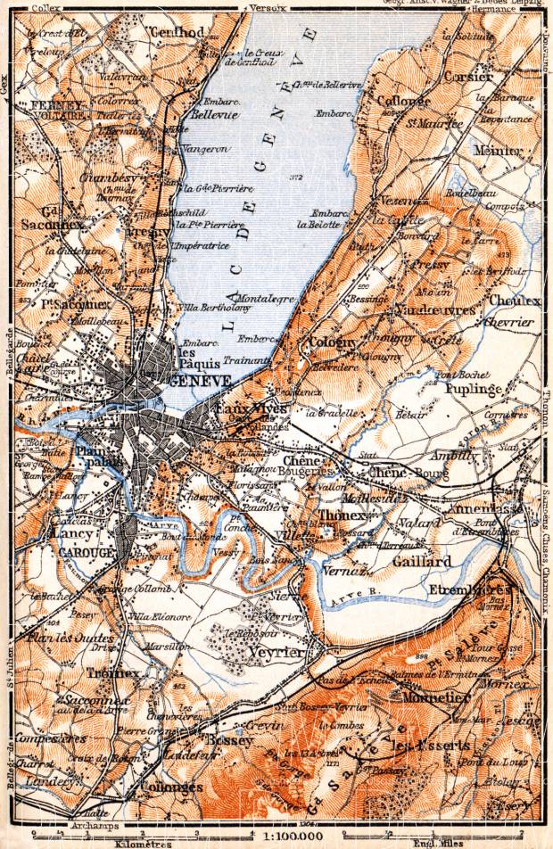 Haute-Savoie (Upper Savoy) département along the lake of Geneva (Lac Léman, Genfersee) map, 1900. Use the zooming tool to explore in higher level of detail. Obtain as a quality print or high resolution image