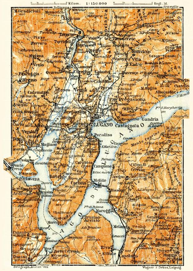 Lugano and environs map, 1908. Use the zooming tool to explore in higher level of detail. Obtain as a quality print or high resolution image
