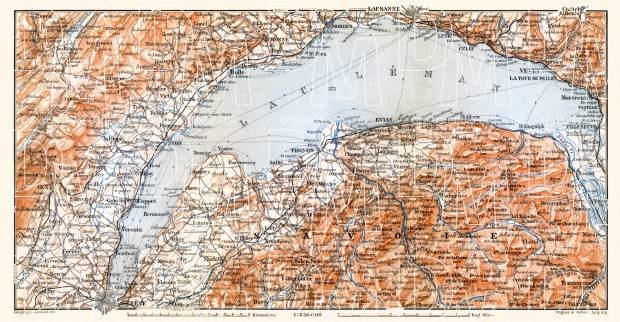 Swiss cantons of Vaud, Geneva, and Valais along the lake of Geneva (Lac Léman) environs, 1897. Use the zooming tool to explore in higher level of detail. Obtain as a quality print or high resolution image