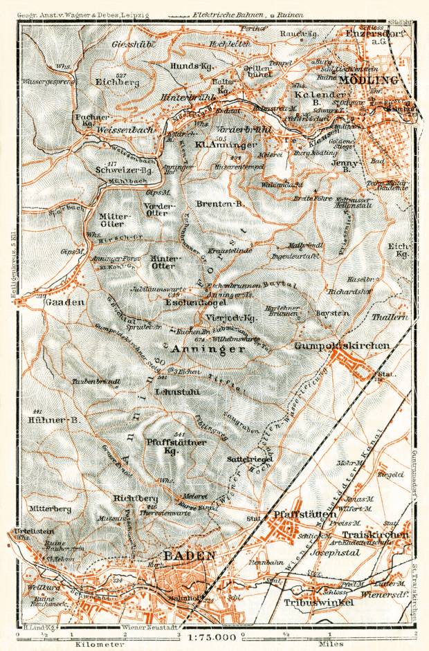 Mödling and Baden (bei Wien) area map, 1911. Use the zooming tool to explore in higher level of detail. Obtain as a quality print or high resolution image