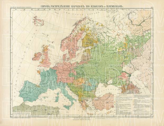 Europe Nation and Language Map (in Russian), 1910. Use the zooming tool to explore in higher level of detail. Obtain as a quality print or high resolution image