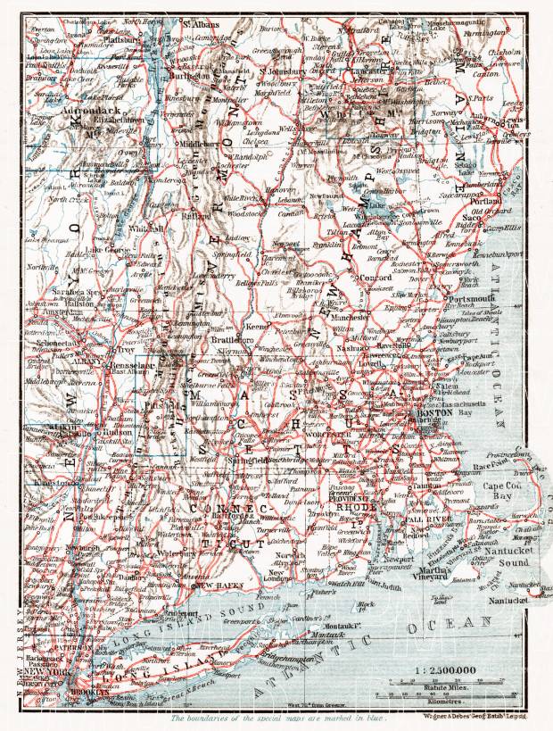 Railway Map of the New England States, 1909. Use the zooming tool to explore in higher level of detail. Obtain as a quality print or high resolution image