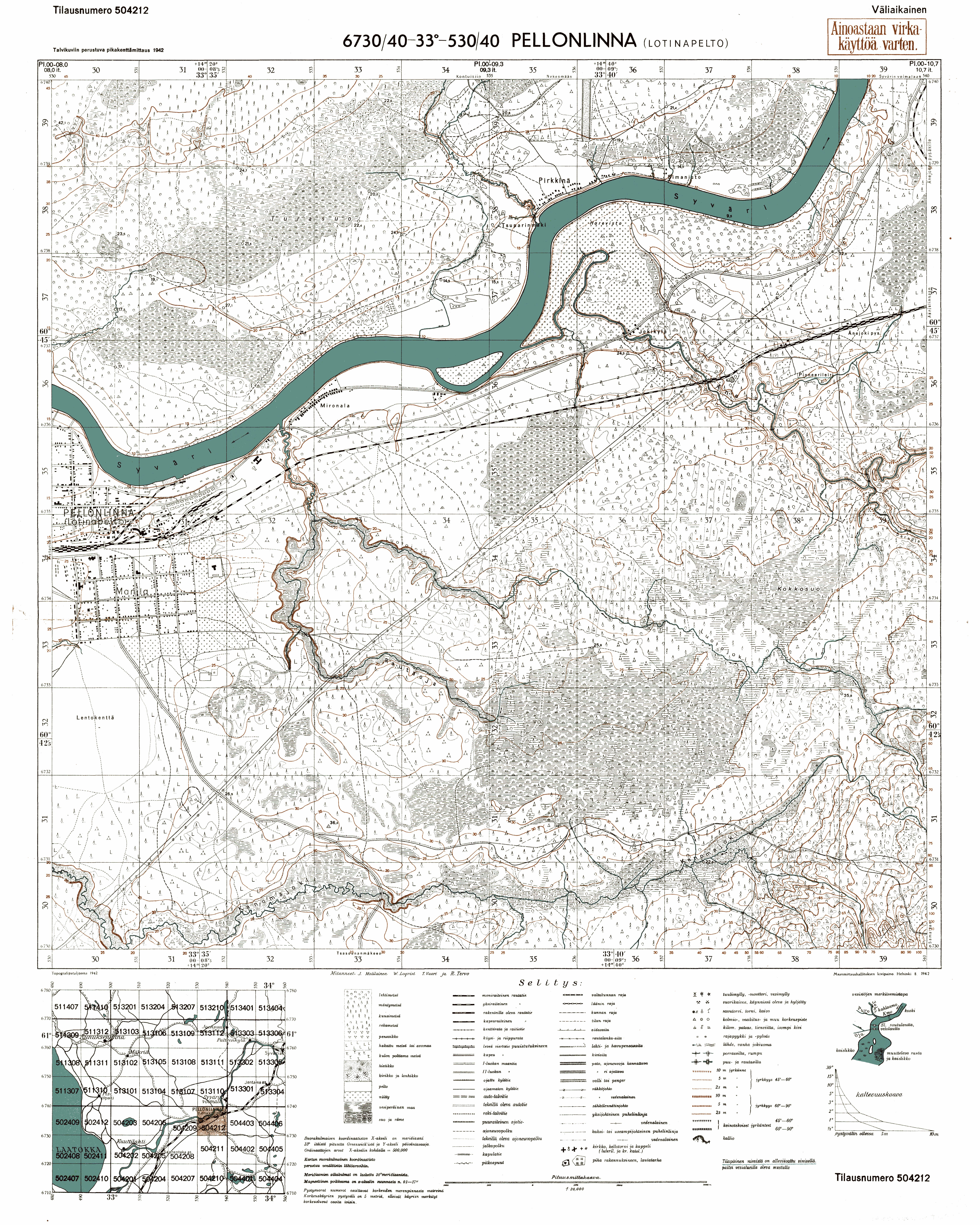 Lodeinoje Pole. Pellonlinna. Topografikartta 504212. Topographic map from 1942. Use the zooming tool to explore in higher level of detail. Obtain as a quality print or high resolution image