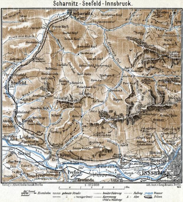 Scharnitz-Seefeld-Innsbruck district map, 1911. Use the zooming tool to explore in higher level of detail. Obtain as a quality print or high resolution image