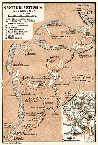 Postojna city map, grottes of Postojna map, 1929