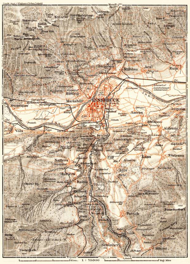 Innsbruck and environs map, 1911. Use the zooming tool to explore in higher level of detail. Obtain as a quality print or high resolution image