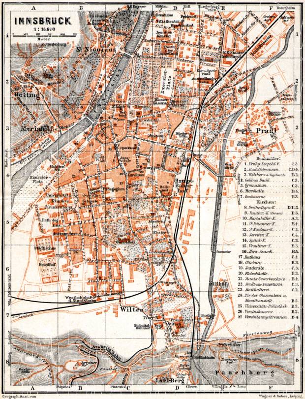 Innsbruck city map, 1911. Use the zooming tool to explore in higher level of detail. Obtain as a quality print or high resolution image