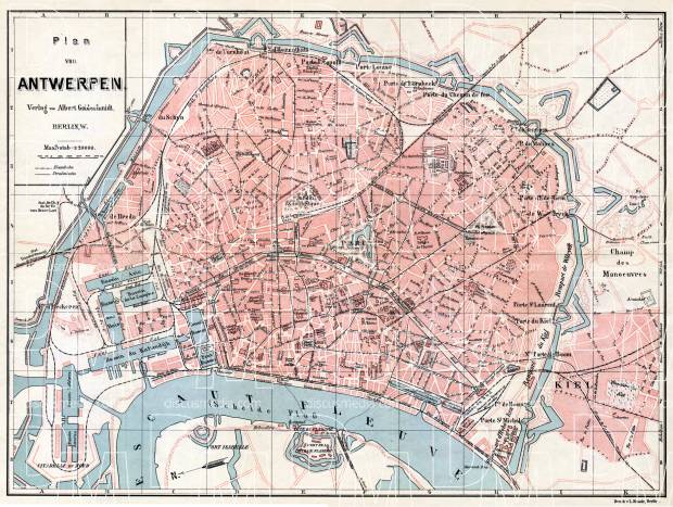 Antwerp (Antwerpen, Anvers) city map, 1908. Use the zooming tool to explore in higher level of detail. Obtain as a quality print or high resolution image
