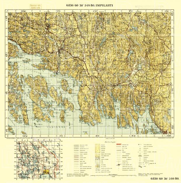Impilahti. Topografikartta 4144. Topographic map from 1935. Use the zooming tool to explore in higher level of detail. Obtain as a quality print or high resolution image