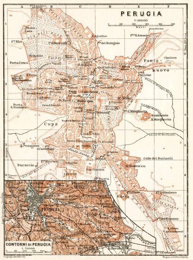Perugia, city map. Environs of Perugia map, 1909. Use the zooming tool to explore in higher level of detail. Obtain as a quality print or high resolution image