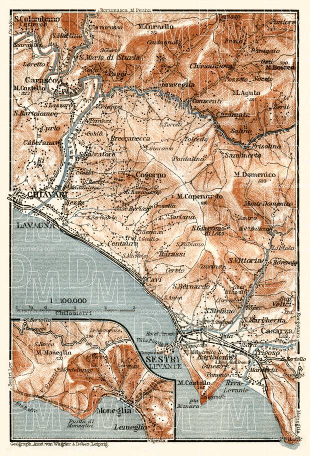 Sestri Levante and environs map, 1913. Use the zooming tool to explore in higher level of detail. Obtain as a quality print or high resolution image