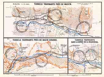 Gotthard railway. St. Gotthard spiral (loop) tunnels´ map, 1897