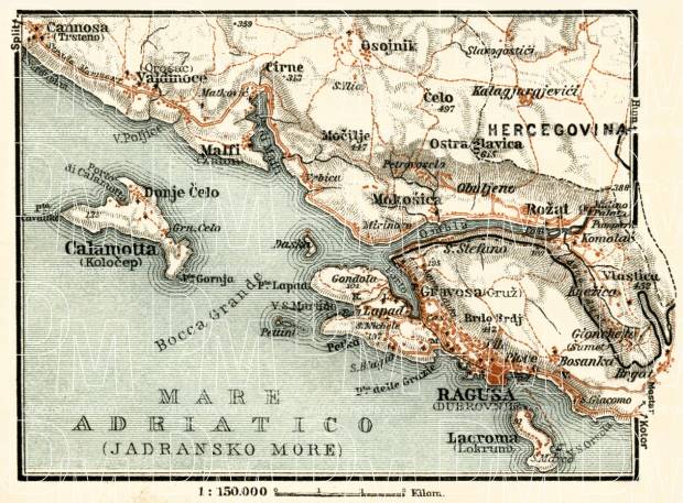 Old map of Ragusa (Dubrovnik) vicinity in 1929. Buy vintage map replica  poster print or download picture