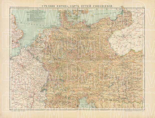 Central Europe Transportation Map (in Russian), 1910. Use the zooming tool to explore in higher level of detail. Obtain as a quality print or high resolution image