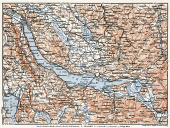 Lakes of Zurich and Zug district map, 1909