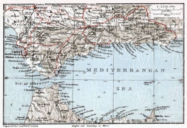 Morocco on the Western Mediterranean map, 1911. Use the zooming tool to explore in higher level of detail. Obtain as a quality print or high resolution image
