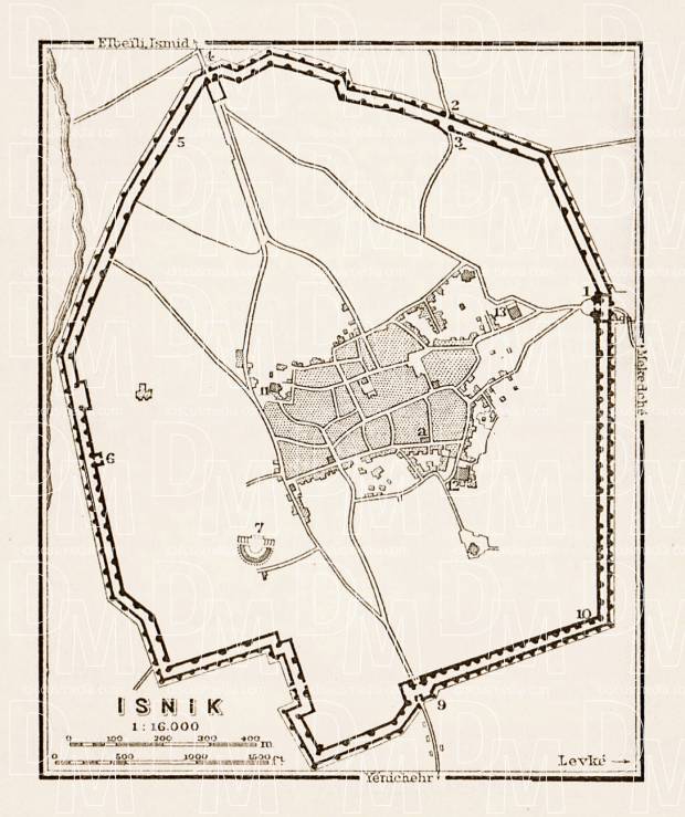 Isnik (Nikaea, İznik), ancient town site map, 1914. Use the zooming tool to explore in higher level of detail. Obtain as a quality print or high resolution image