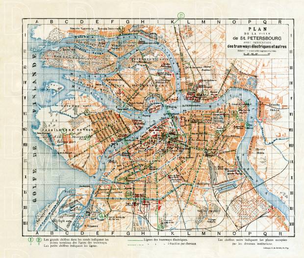 Saint Petersburg (Санктъ-Петербургъ, Sankt-Peterburg) city map, in French, 1914. Use the zooming tool to explore in higher level of detail. Obtain as a quality print or high resolution image