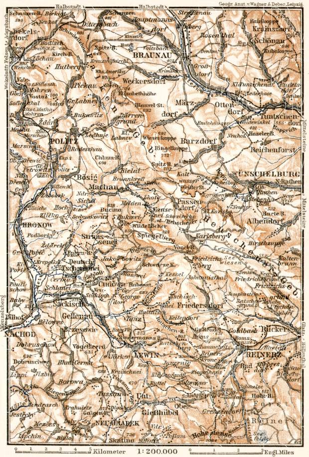 Old map of Heuscheur-Gebirge (Stołowe Mountains, Góry Stołowe, Stolové ...