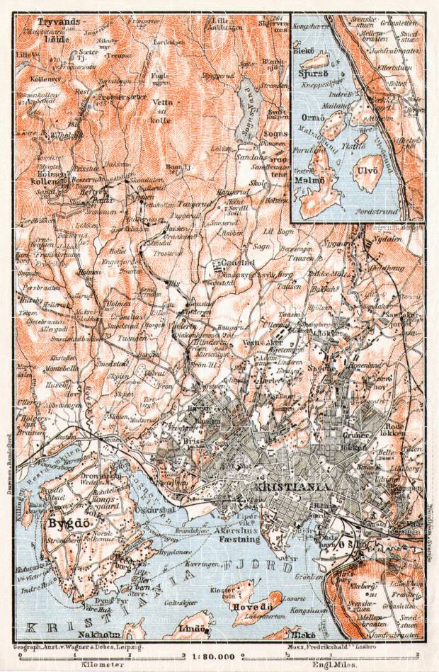 Christiania (Oslo) and environs map, 1911. Use the zooming tool to explore in higher level of detail. Obtain as a quality print or high resolution image